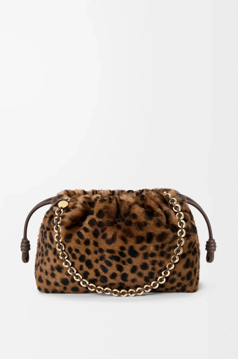 mittelgroße flamenco-handtasche aus bedrucktem shearling in beigebraun