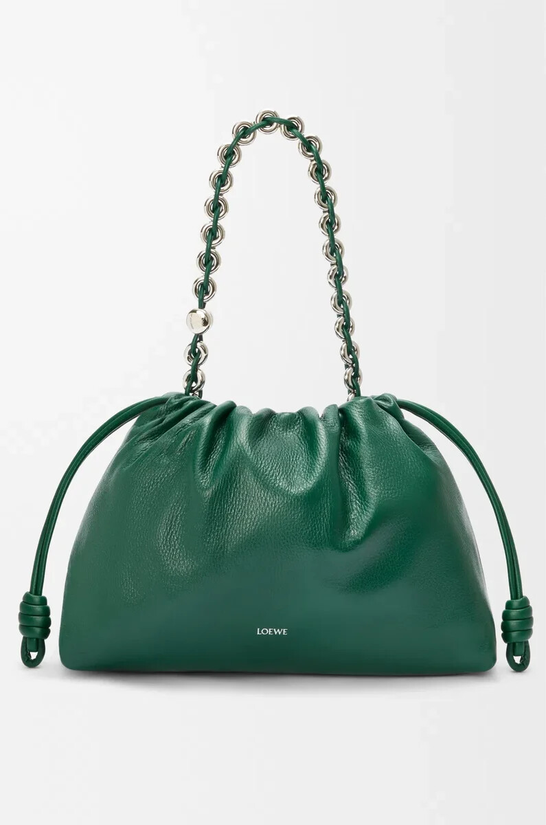 große flamenco-handtasche aus hirschleder immergrün