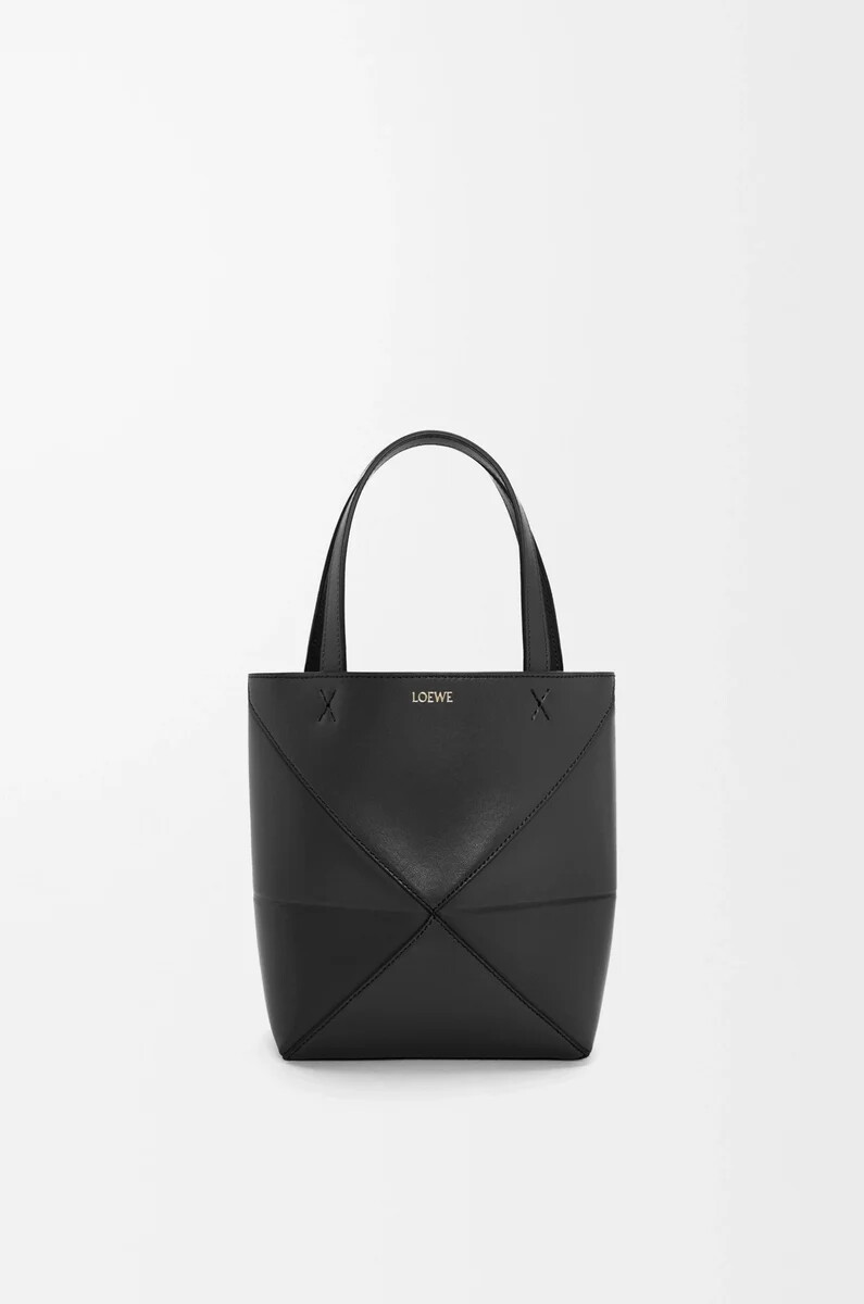 mini puzzle fold tote aus glänzendem kalbsleder schwarz