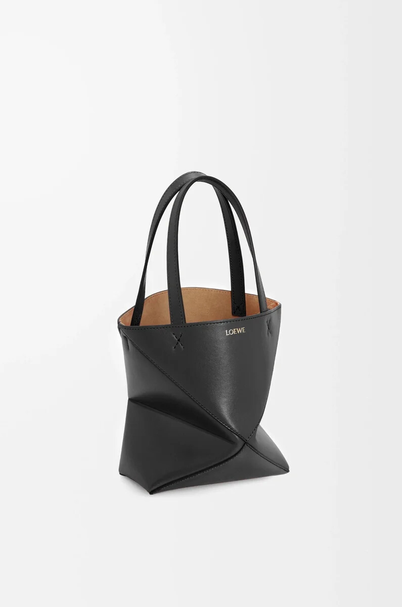 mini puzzle fold tote aus glänzendem kalbsleder schwarz