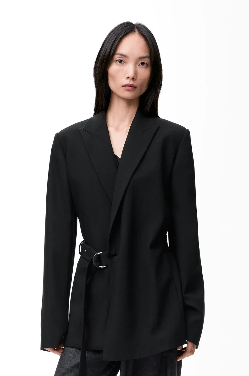 drapierte jacke aus schwarzer wolle