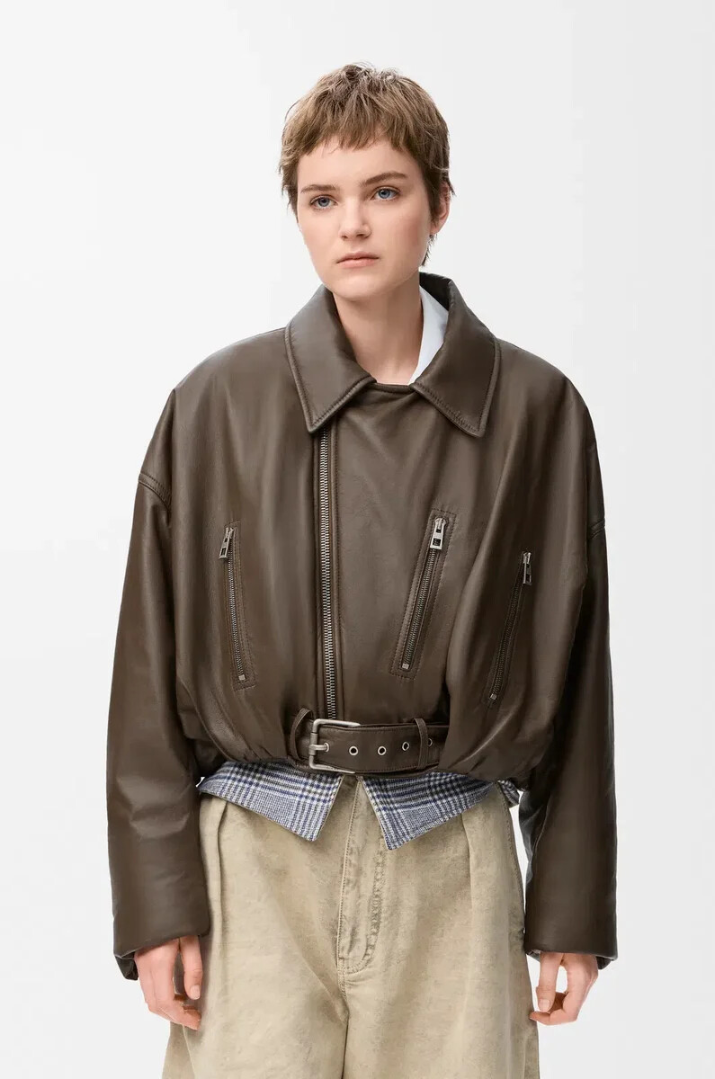 bikerjacke aus nappa-lammleder khakigrün