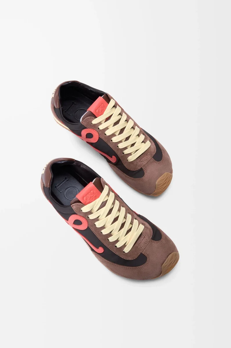 ballet runner 2.0 aus nylon und kalbsleder schokoladenbraunkorallegelb