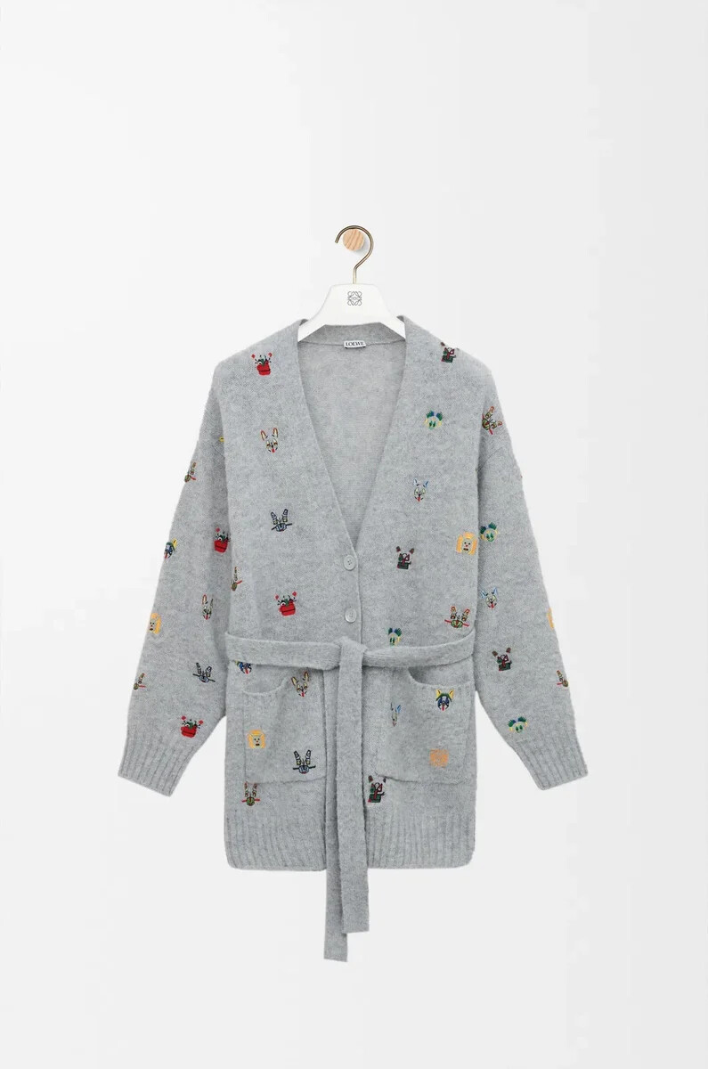 strickjacke mit gürtel aus wolle graumehrfarbig