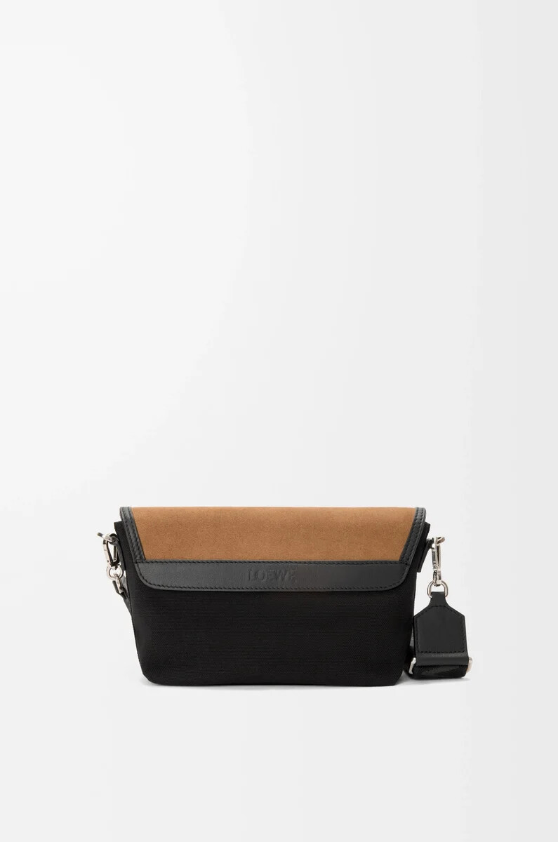 mini flex messenger bag aus canvas und wildleder schwarzdunkelgold