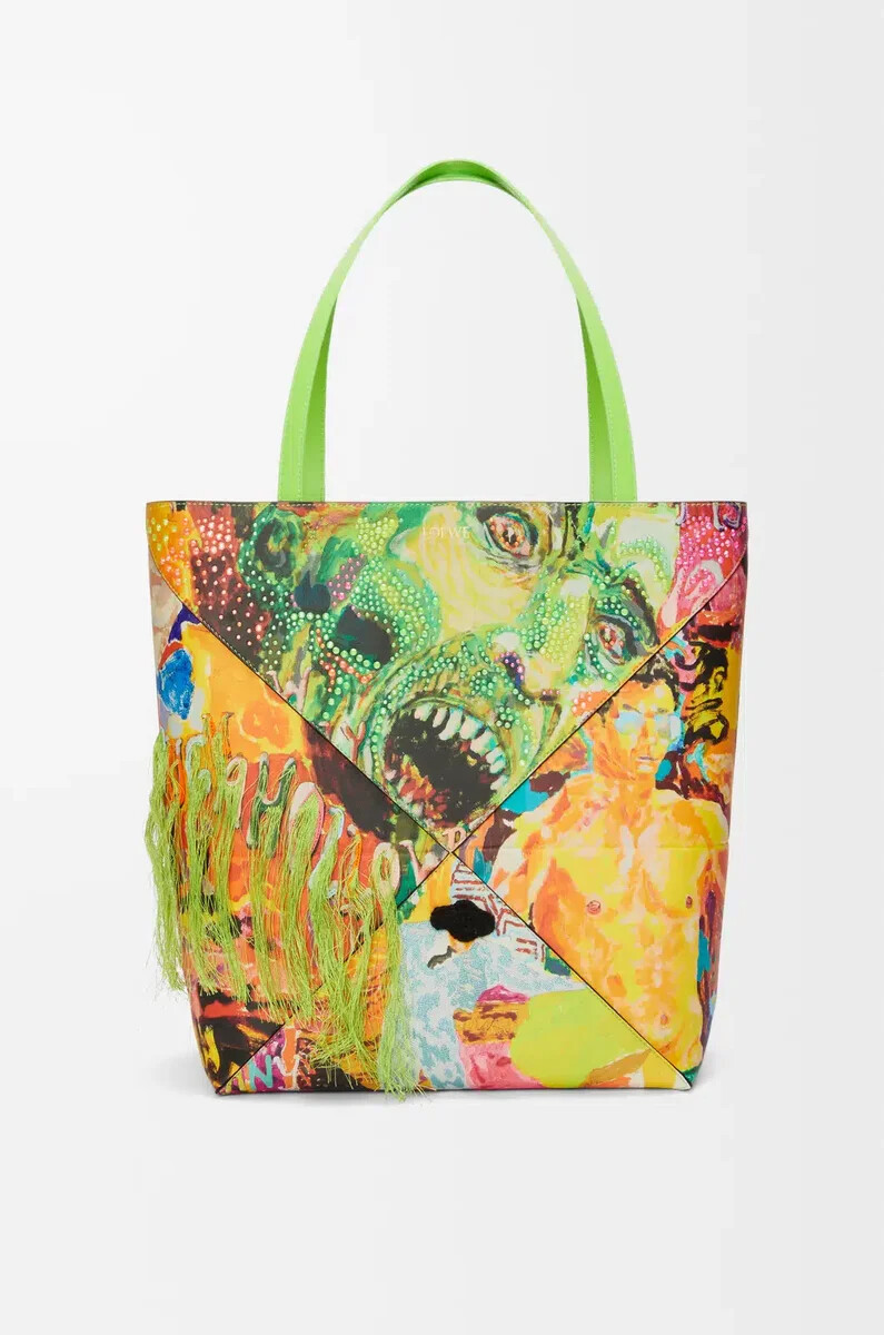 xl puzzle fold tote aus klassischem kalbsleder in vivid greenmulticolor