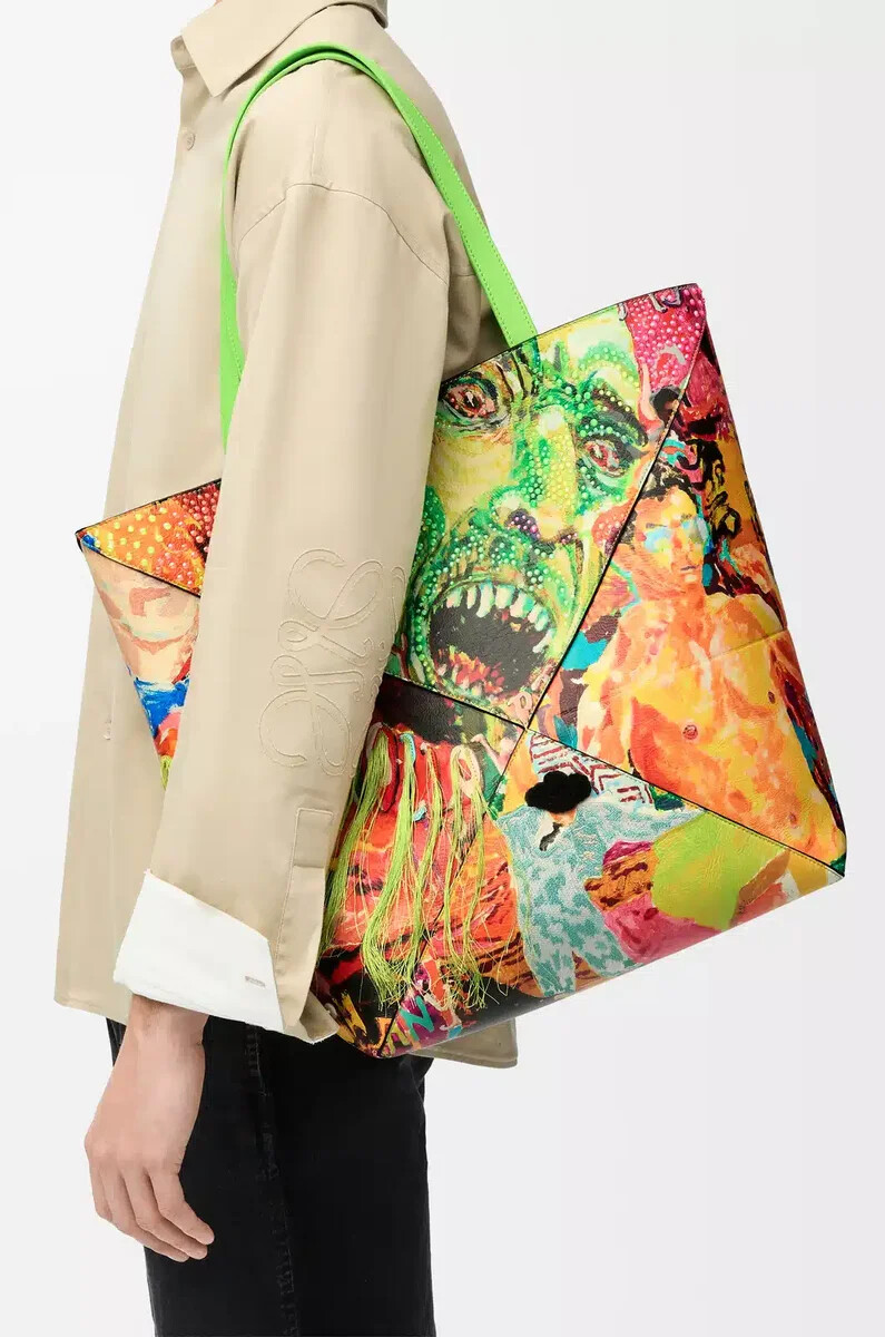 xl puzzle fold tote aus klassischem kalbsleder in vivid greenmulticolor