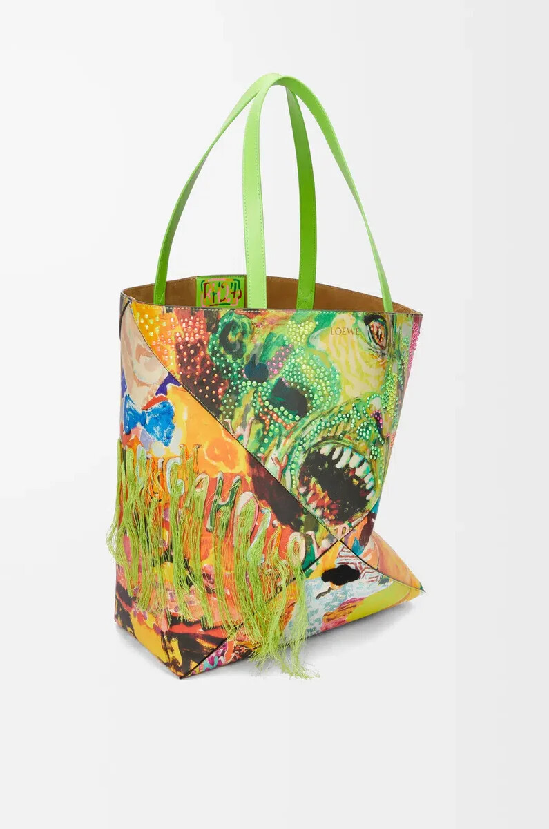 xl puzzle fold tote aus klassischem kalbsleder in vivid greenmulticolor