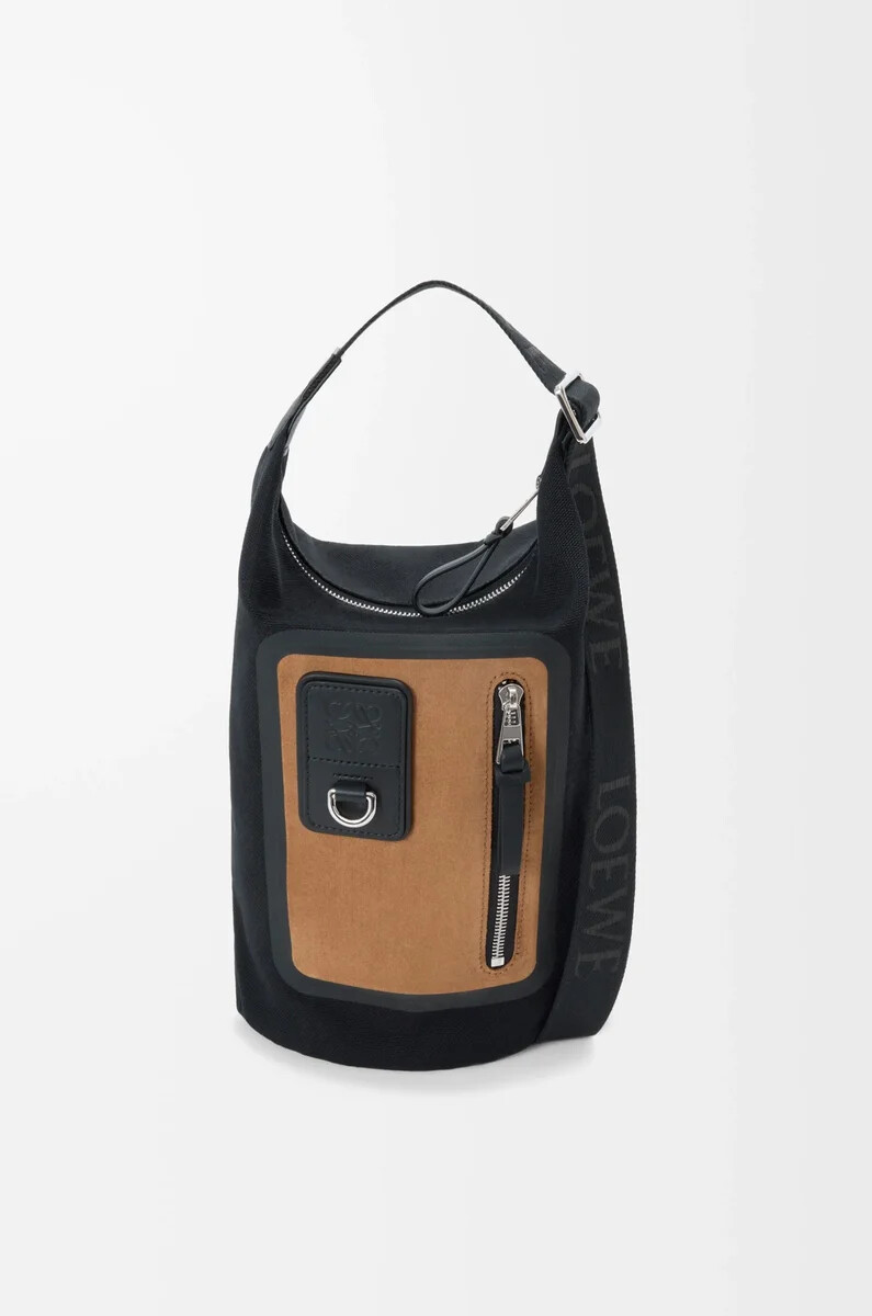 kleiner flex loop bucket bag aus canvas und wildleder schwarzdunkelgold