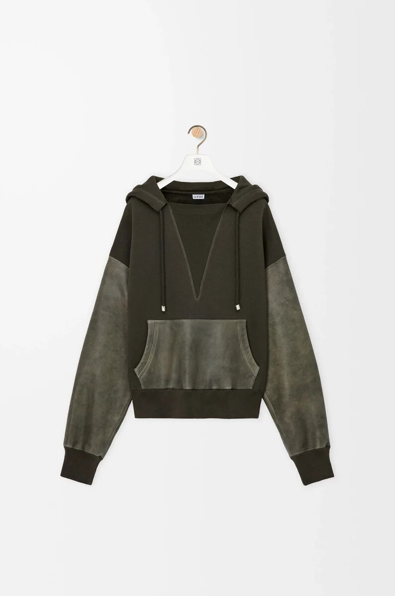 hybrid-hoodie aus baumwolle und nappa-lammleder khakigrün
