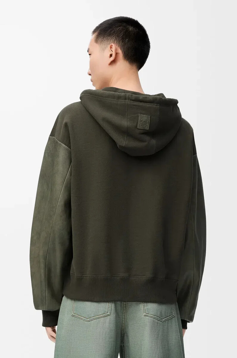 hybrid-hoodie aus baumwolle und nappa-lammleder khakigrün