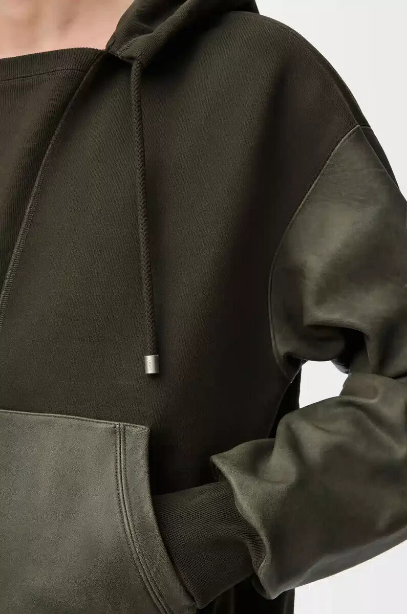 hybrid-hoodie aus baumwolle und nappa-lammleder khakigrün