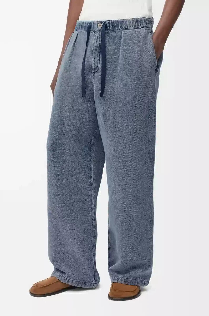 hose mit kordelzug aus baumwolle und leinen grau-blau