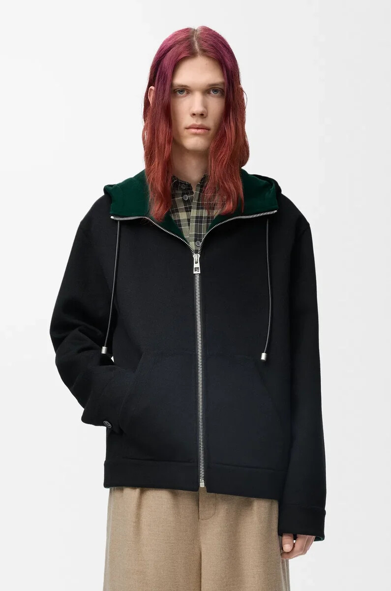kapuzenjacke aus wolle und kaschmir schwarzgrün