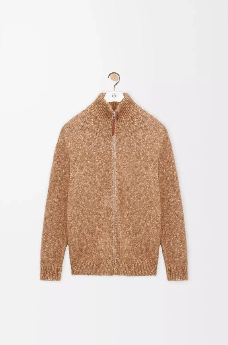 strickjacke mit reißverschluss aus baumwolle leinen und wolle beige