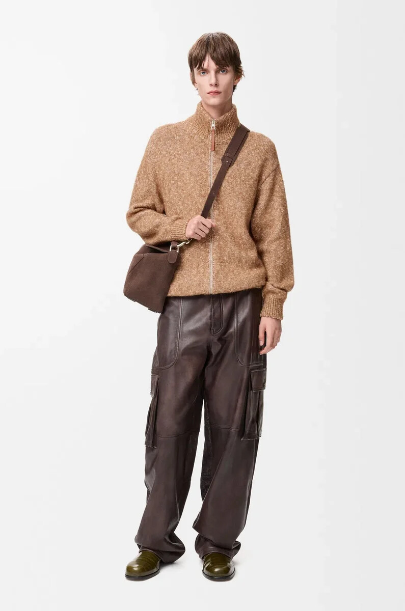 strickjacke mit reißverschluss aus baumwolle leinen und wolle beige