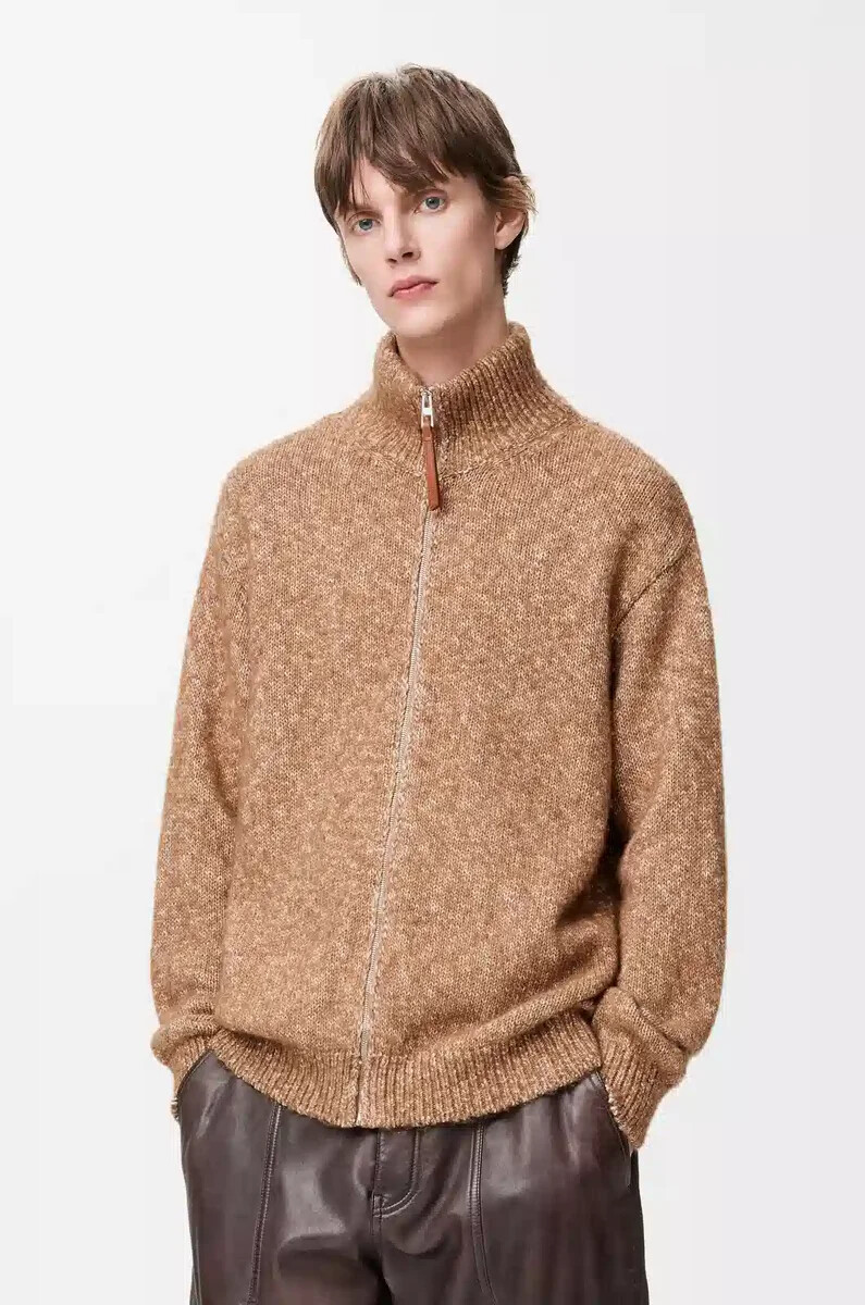 strickjacke mit reißverschluss aus baumwolle leinen und wolle beige