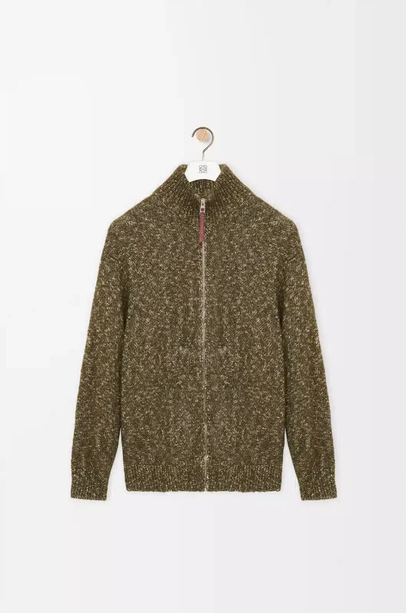 strickjacke mit reißverschluss aus baumwolle leinen und wolle in khakigrün