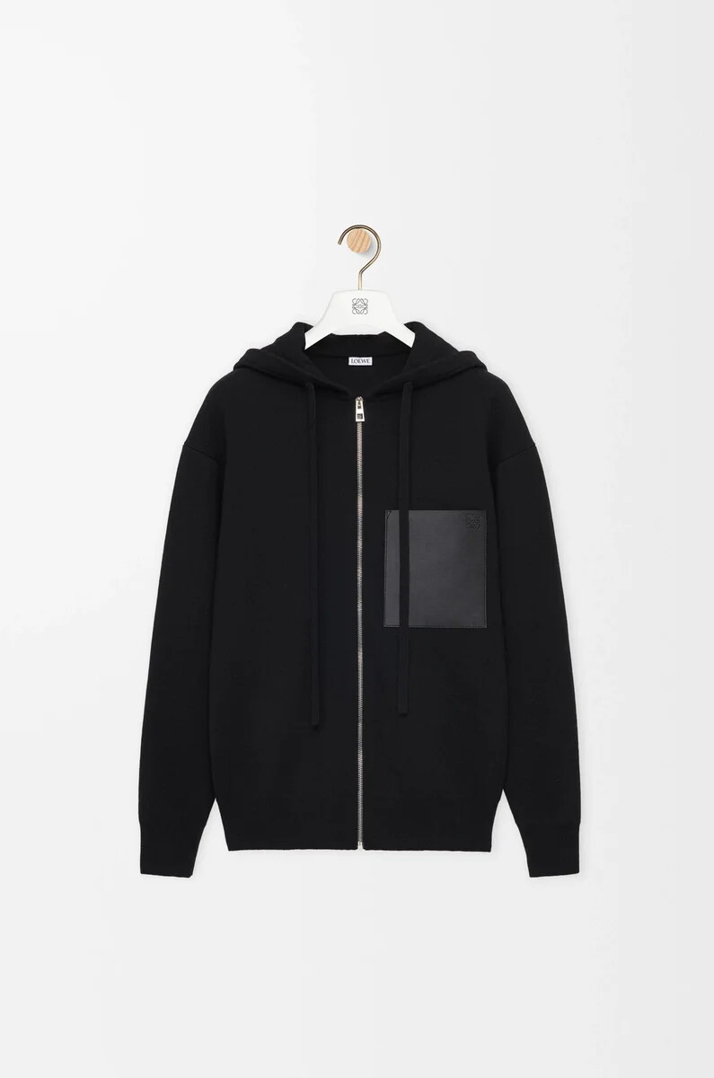 schwarzer woll-kapuzenpullover mit reißverschluss